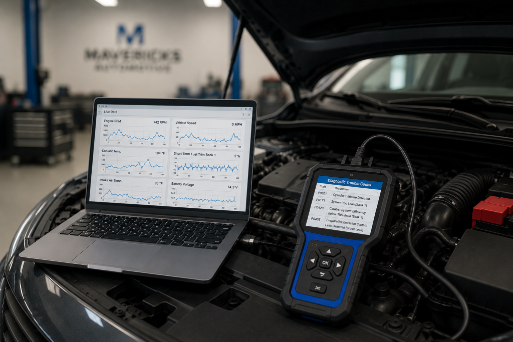 Automotive diagnostic testing at Mavericks Automotive in New Braunfels, TX